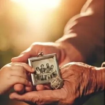 An elderly and a young hand holding a vintage family photo together.