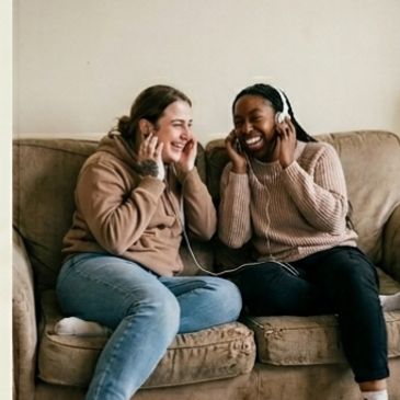 Two friends sharing headphones and enjoying music on a couch.