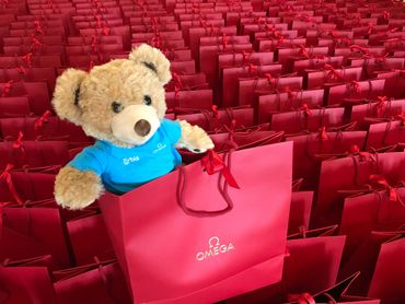 omega bag with stuffed teddy bear