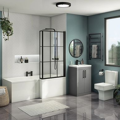 Arezzo L-Shaped Shower Bath Suite - 1700mm with Grey Vanity Unit + Square Toilet