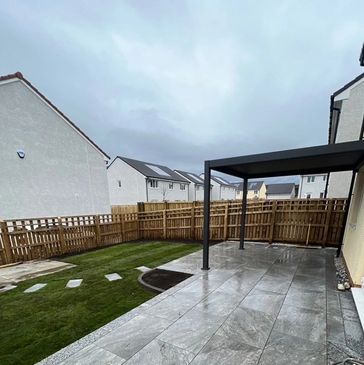 Grey Pergola, Steel Pergola, Outdoor Living Space, 20-Year Guarantee, Grey Porcelain Tile Paving