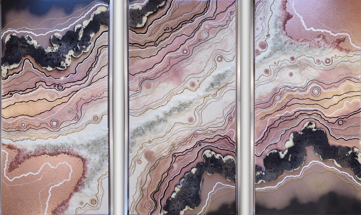 Three-panel artwork resembling a natural geode with swirling earthy tones and textured layers.