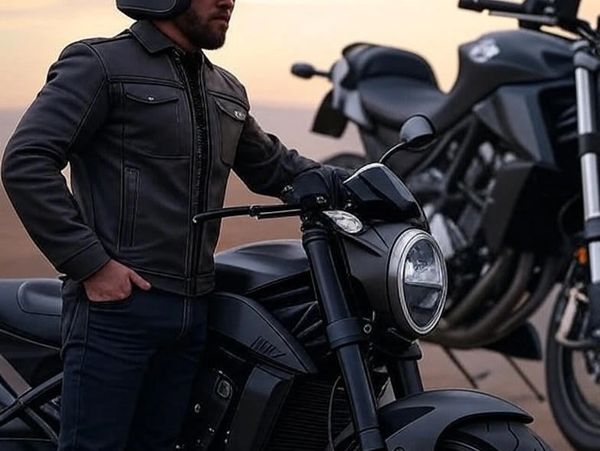 Man in black leather jacket and helmet standing beside a sleek black motorcycle.