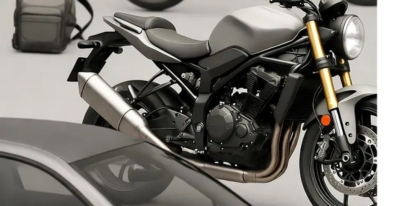 A sleek silver motorcycle, helmets, backpack, and part of a silver car in a studio setting.