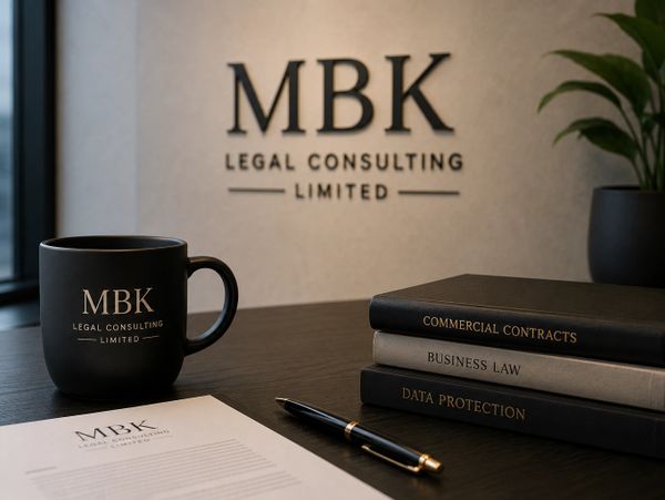 Workspace of MBK Legal Consulting with branded mug, documents, and law books.