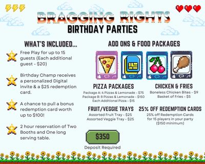 Details regarding reserved birthday parties at Bragging Rights Amusements.