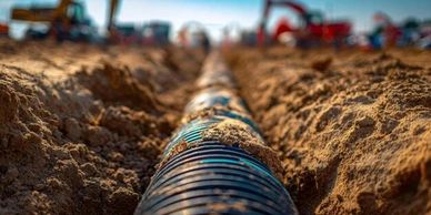 A large pipeline being installed in a trench at a construction site.