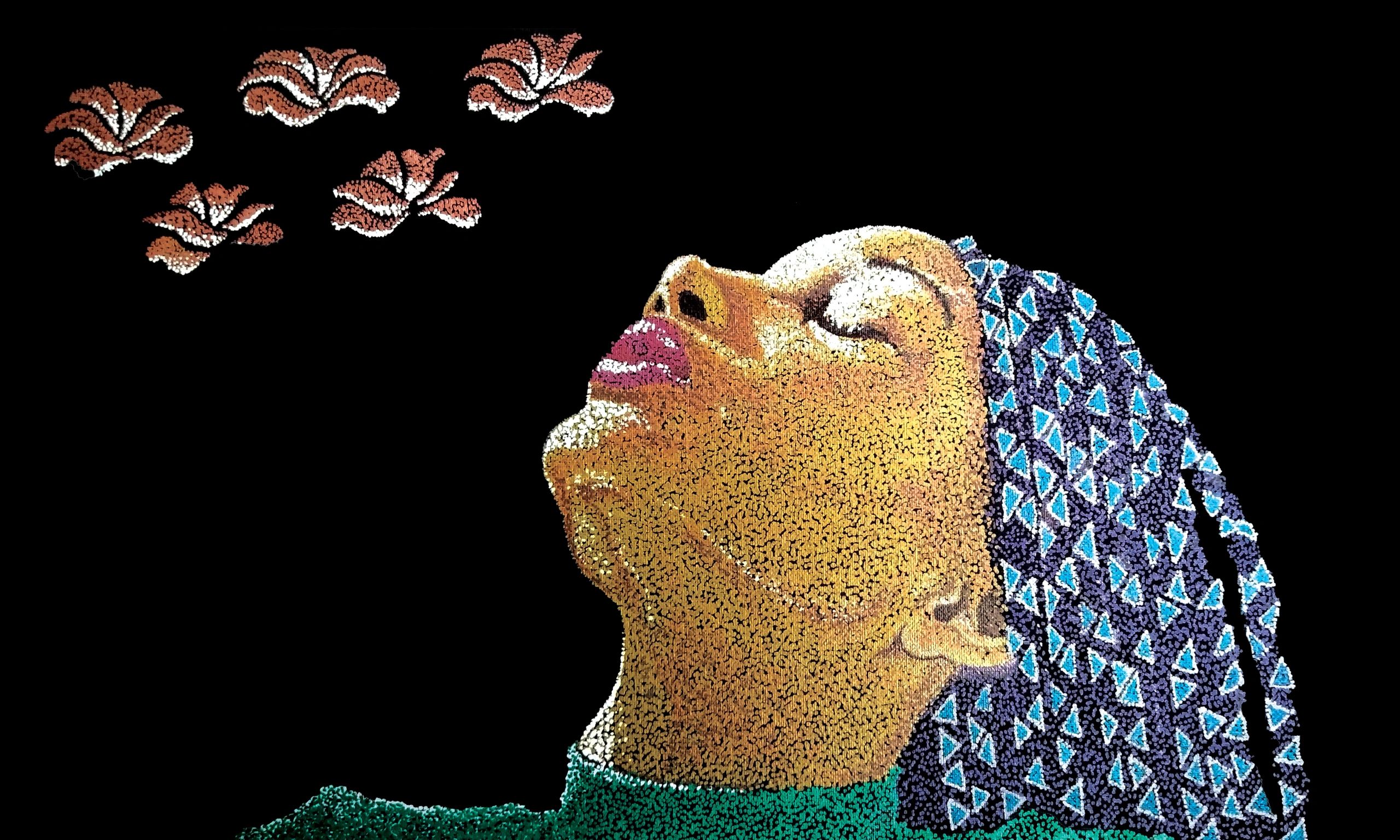 women leaning back with light hitting her face. Flowers floating above her head