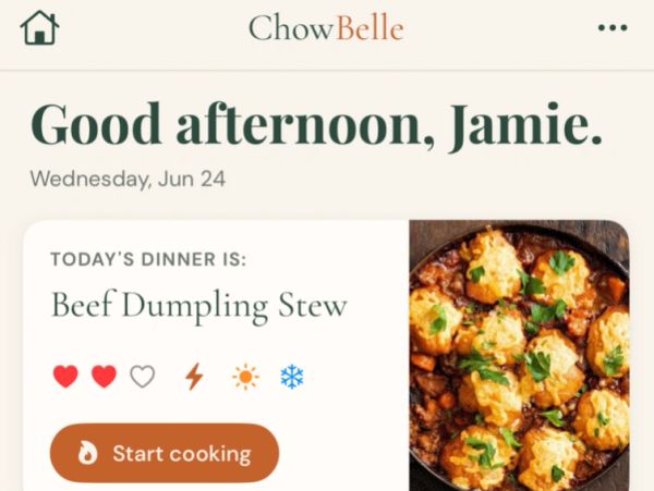 Dinner suggestion for Jamie: Beef Dumpling Stew with a cooking prompt.