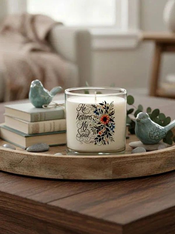 A decorative tray with a candle, ceramic birds, books, and stones on a wooden table.