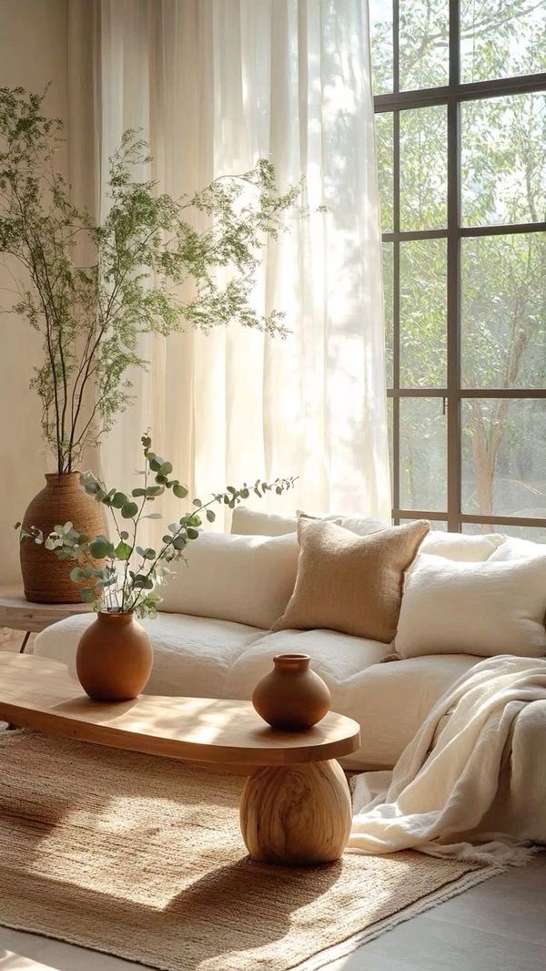 Cozy living room with natural light, wooden furniture, and earthy decor.