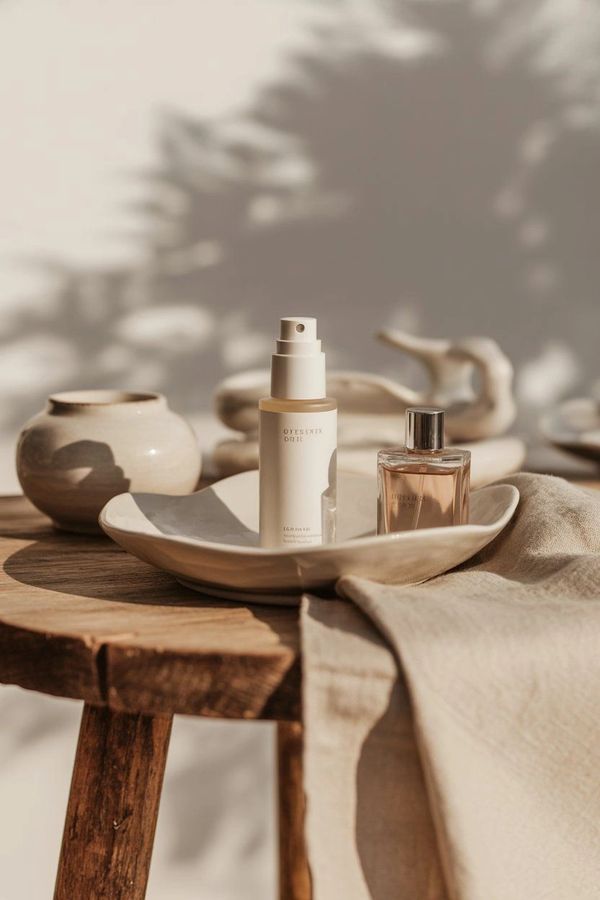 Minimalist skincare bottles on a ceramic plate with natural light and shadows.