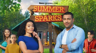 Cast of the Roku original film Summer Sparks posing outdoors.