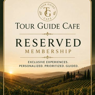 Tour Guide Cafe Reserved Membership advertisement with scenic background.