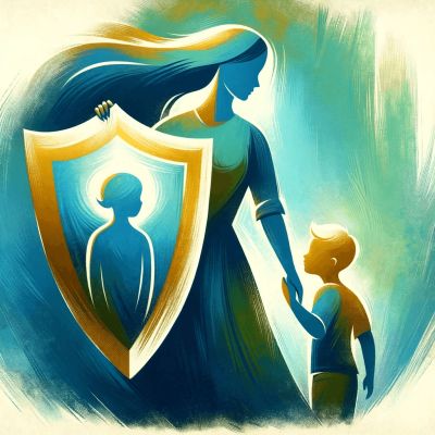 A woman shielding a child with a protective shield, symbolizing safety and care.