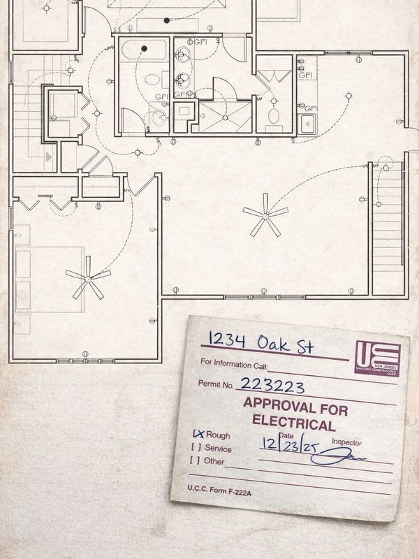 Blueprint of a house with an electrical approval permit attached.