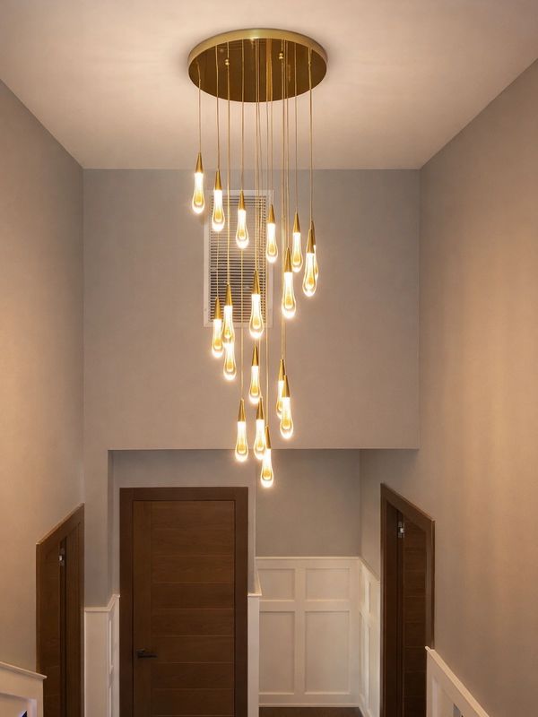 Modern chandelier with hanging lights in a hallway.