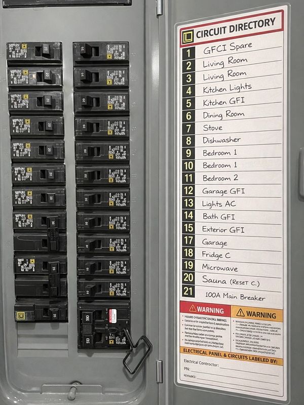 Circuit breaker panel with labeled switches for home electrical circuits.
