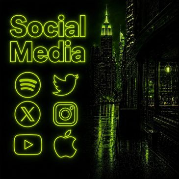Neon social media icons with cityscape background.