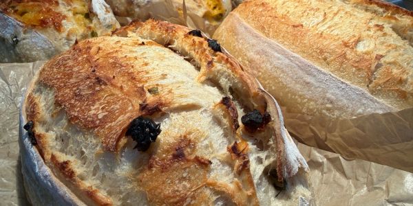 Close-up of rustic loaves of bread.