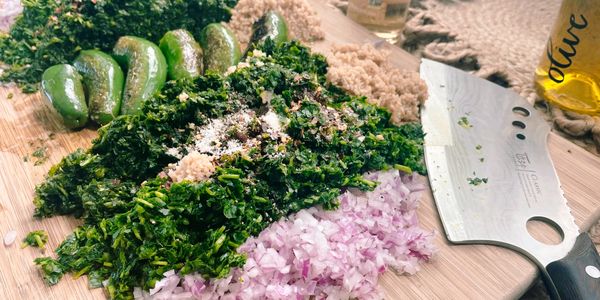  herb-packed chimichurri sauce with onions jalepenos garlic parsely 