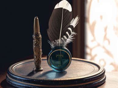 Ink quill on a wooden board