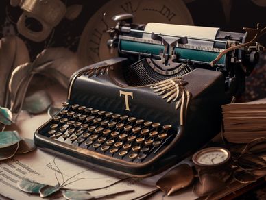 antique typewriter with an engraved gold "T"