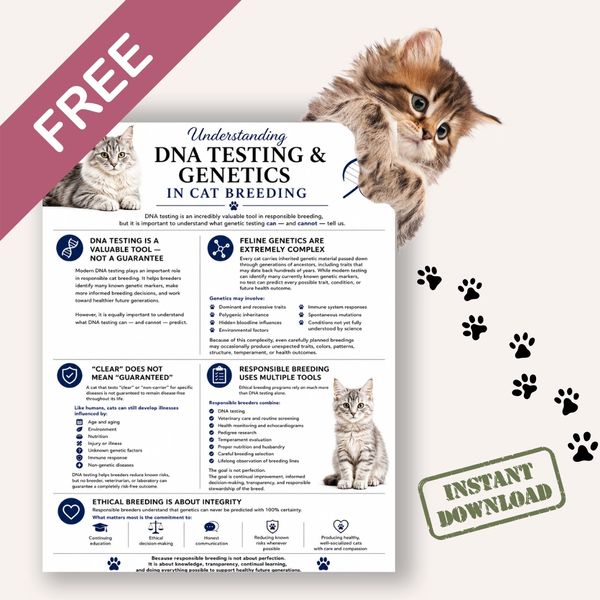 FREE! Informative free guide on DNA testing and genetics in responsible cat breeding.