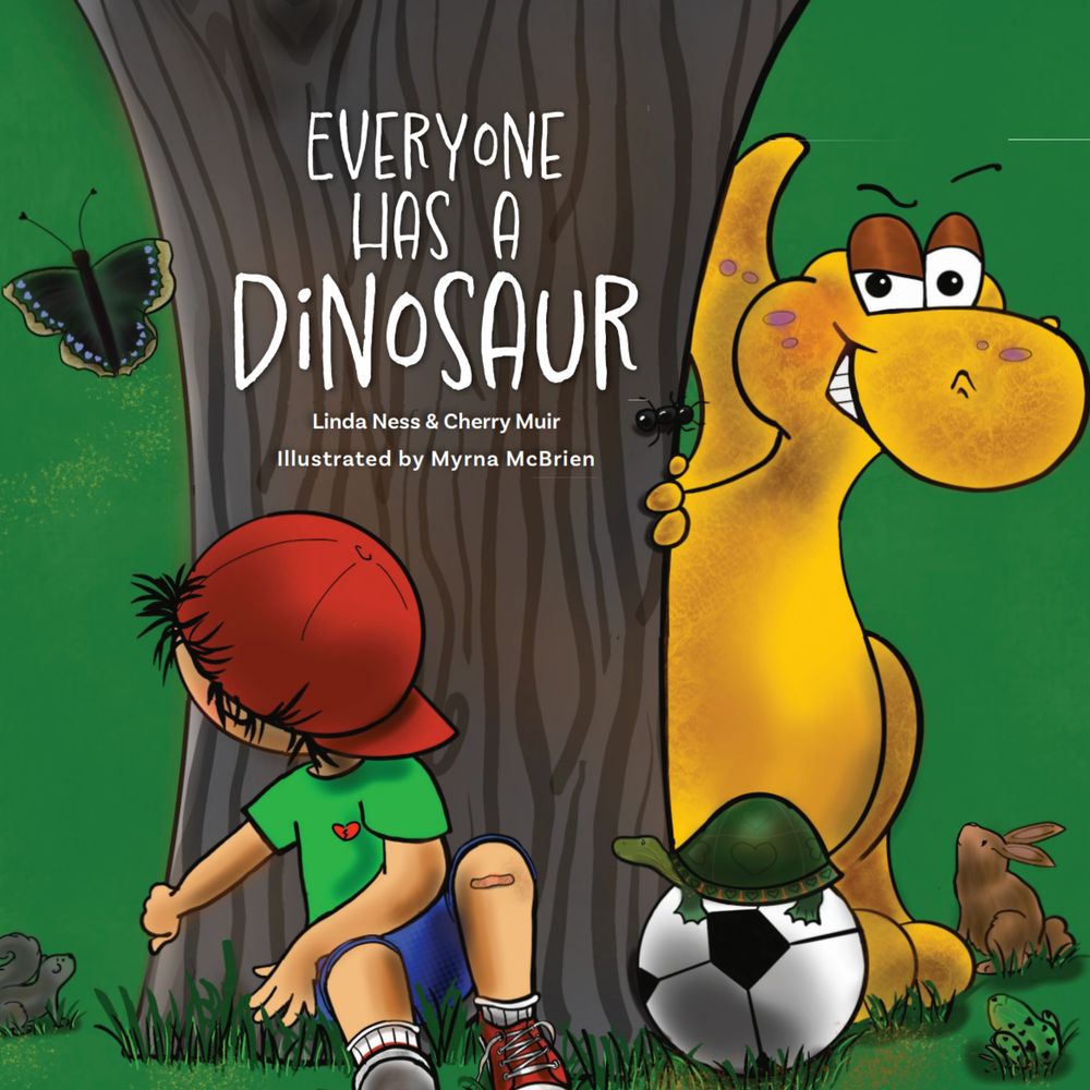 A boy and a dinosaur hiding behind a tree with playful animals around them.