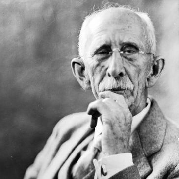 Portrait of an elderly man with a mustache, resting his chin on his hand.
