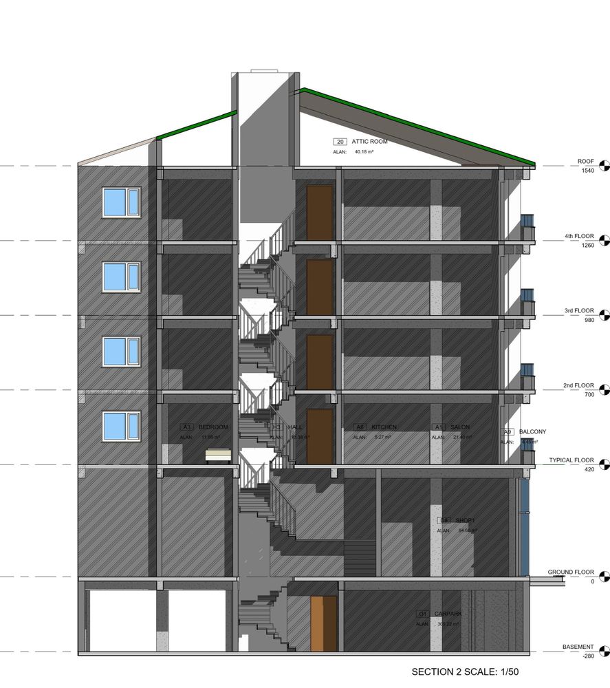 Revit Model of Architectural section drawing of a multi-floor building with stairs and labeled rooms.