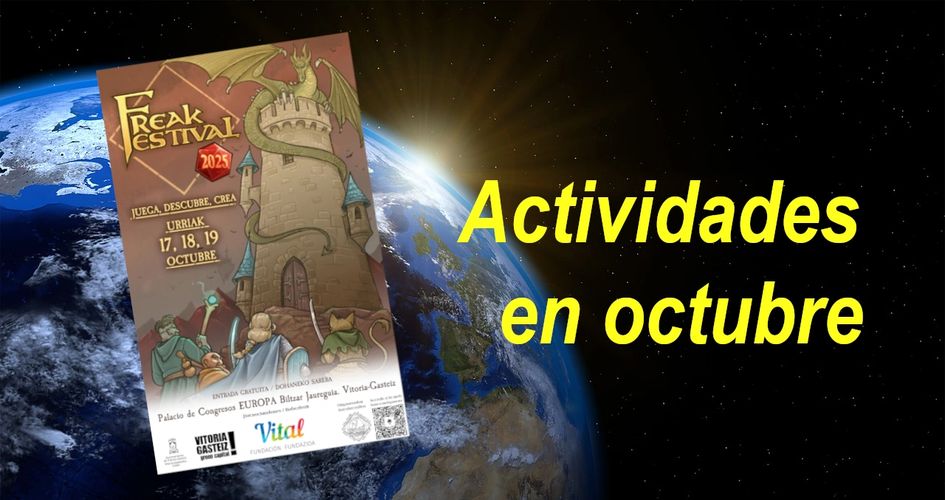 Cartel con castillos y caballeros sobre un fondo con planeta Tierra. Evento Freak Festival 2025.