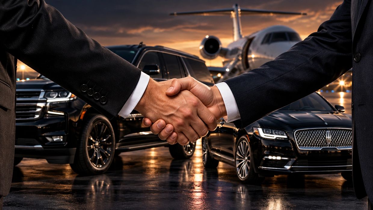 Business handshake in front of luxury cars and a private jet.