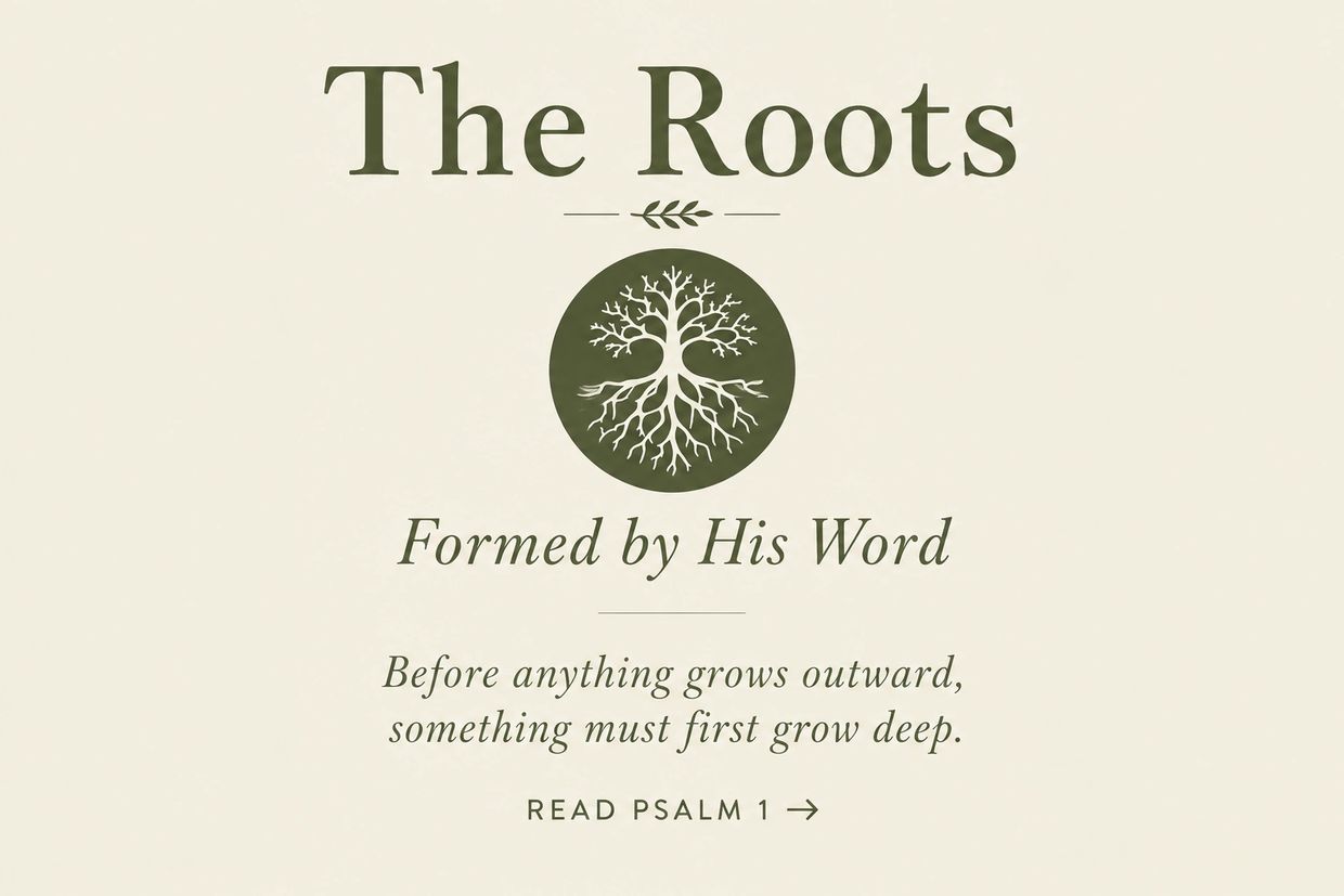 Inspirational message about growth and faith with a tree roots graphic.