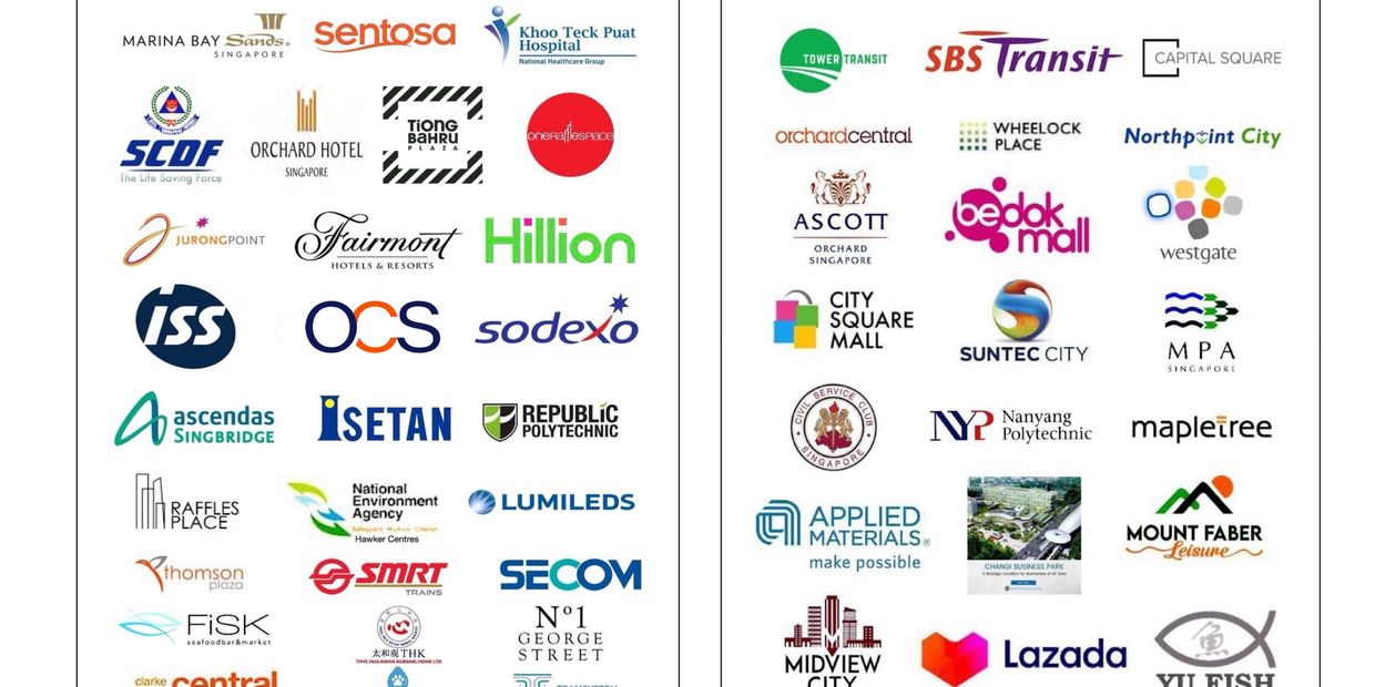 Two-page SG-OzPAK customer list featuring logos of various Singaporean organizations and businesses.