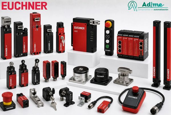 Variety of EUCHNER automation and safety components displayed on white platforms.