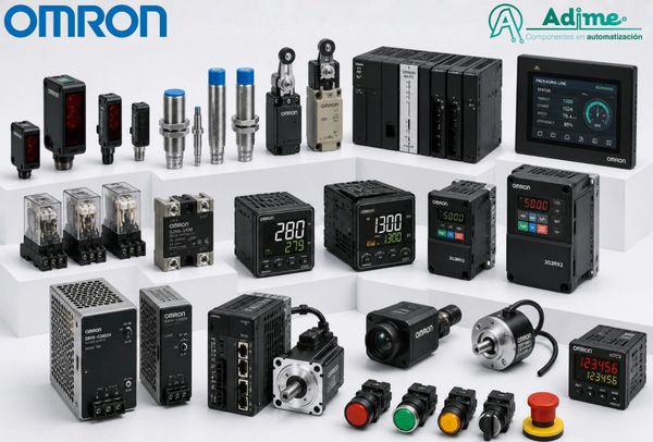 Various Omron automation components and sensors arranged on a white surface.