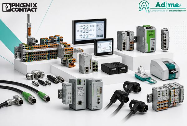 Various industrial automation components and devices displayed on white platforms.
