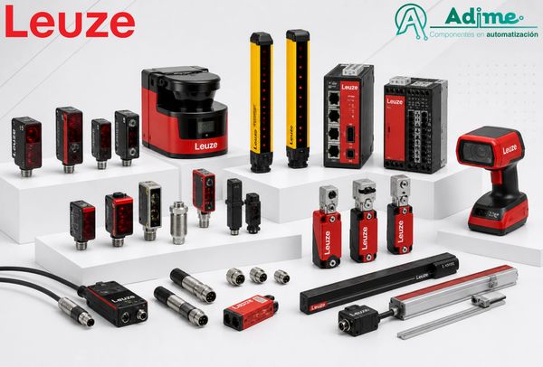 Various Leuze automation components displayed on white platforms.