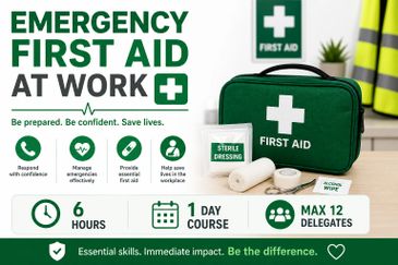 Emergency first aid course details with kit and guidelines.