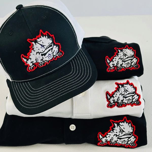 Black and white apparel with a red-outlined lizard logo.