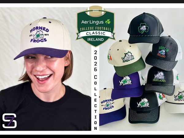 Woman wearing a Horned Frogs cap with 2026 Aer Lingus College Football Classic Ireland hats.