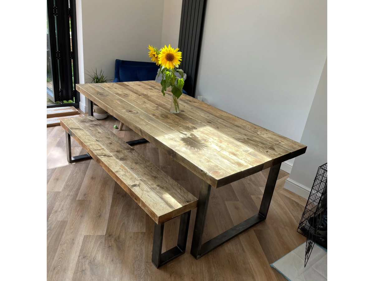 Industrial reclaimed solid wood dining table and bench set with chunky ...
