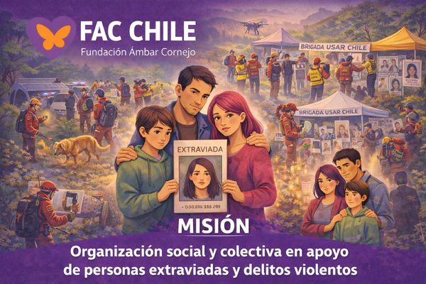 Illustration of a search mission for missing persons by FAC Chile with families and search teams.
