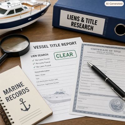 Documents and tools for marine vessel title research on a desk.