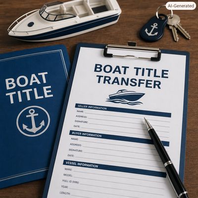 Boat title transfer form with pen and boat model.