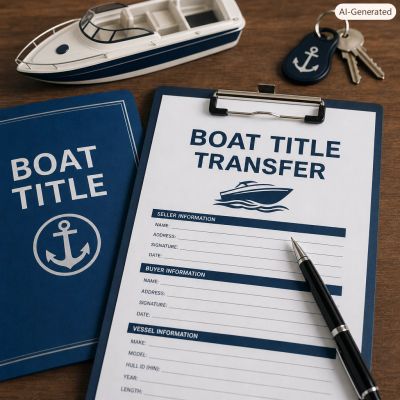 Boat title transfer form with pen and boat model.