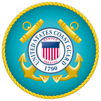 Emblem of the United States Coast Guard with anchors and cannons.