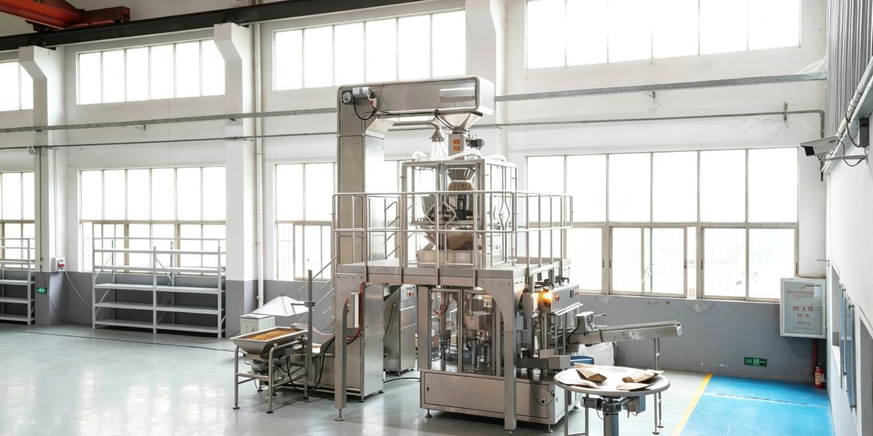 Automated packaging machine in a clean industrial facility.