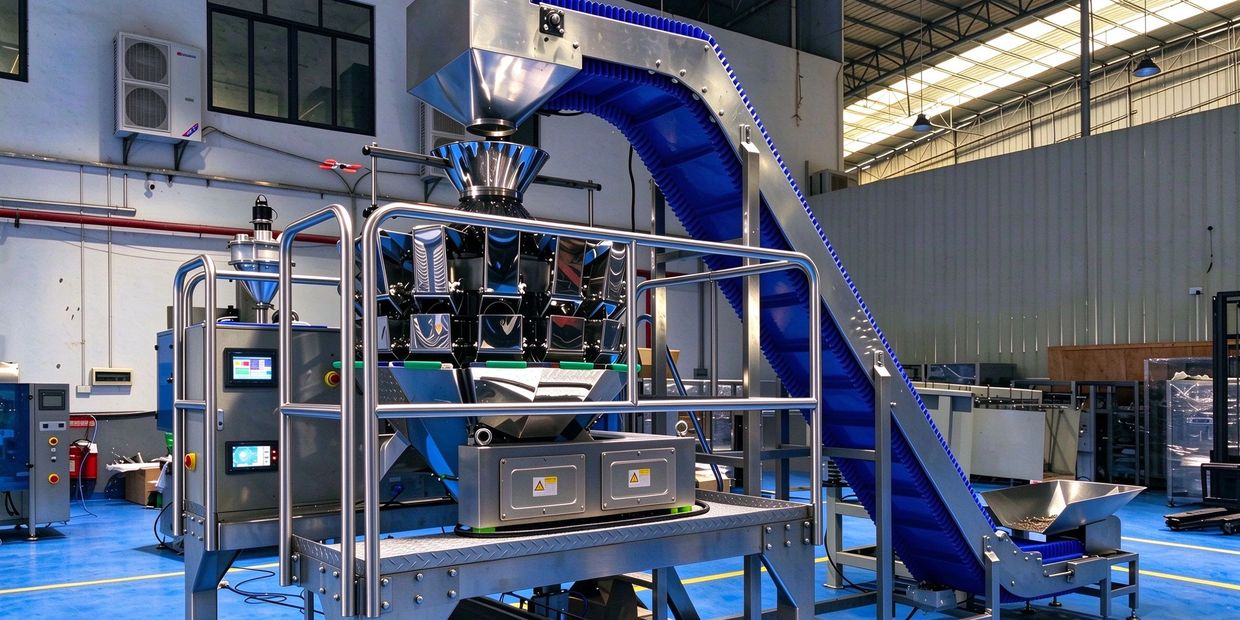 Automated industrial packaging machine in a factory.
